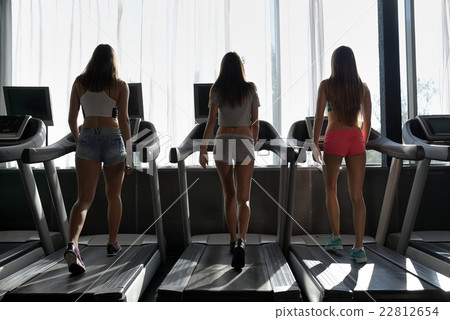 Group of young woman running on treadmills in modern sport gym Group of young woman running on treadmills in modern sport gym 22812654