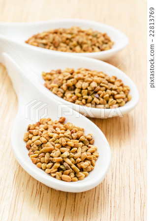 Fenugreek seeds in white spoon. 22813769