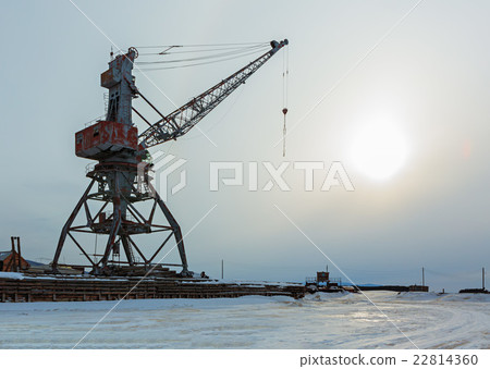 Ships cargo cranes on shore of Lake Baikal in Ships cargo cranes on shore of Lake Baikal in 22814360