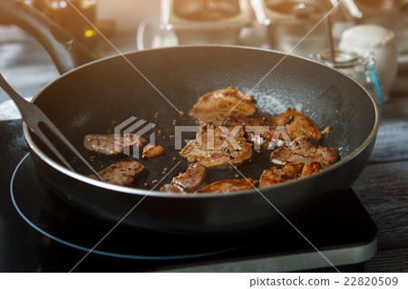 Pieces of meat on pan. Pieces of meat on pan. 22820509