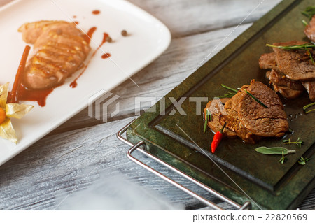 Tray and plate with meat. Tray and plate with meat. 22820569