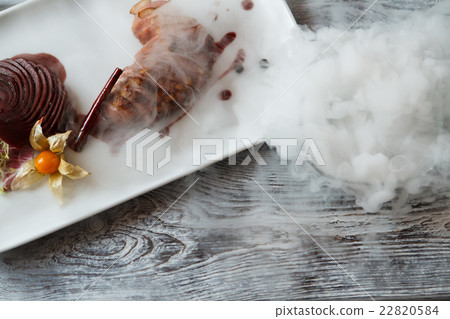 White plate with cooked meat. White plate with cooked meat. 22820584