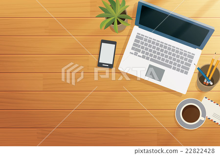 top view office wooden desk in morning 22822428