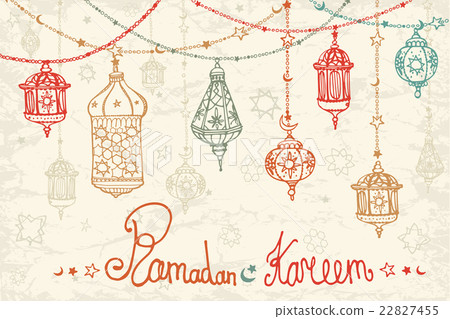 Lantern garland of Ramadan Kareem.Doodle card 22827455