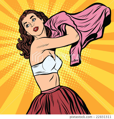 Beautiful retro girl in bra getting dressed Beautiful retro girl in bra getting dressed 22831311