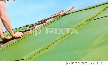 Man Brushing Paint onto the Roof from the Ladder Man Brushing Paint onto the Roof from the Ladder 22831733