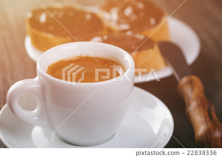 espresso with baguette slices with chocolate cream 22839336