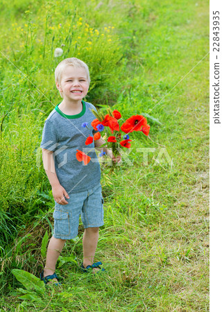 Cute boy in field with red poppies bouquet 22843935