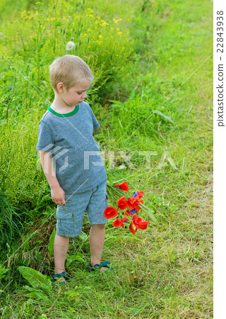 Cute boy in field with red poppies bouquet 22843938