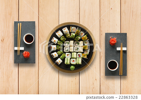 Set of sushi maki and rolls at wood. 22863328