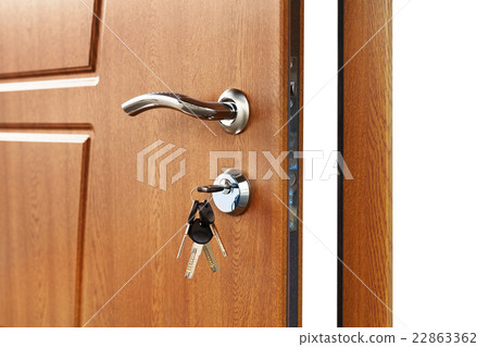 Open brown wooden door handle with lock. 22863362