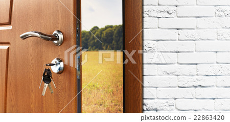 Entrance door half opened to the nature background 22863420