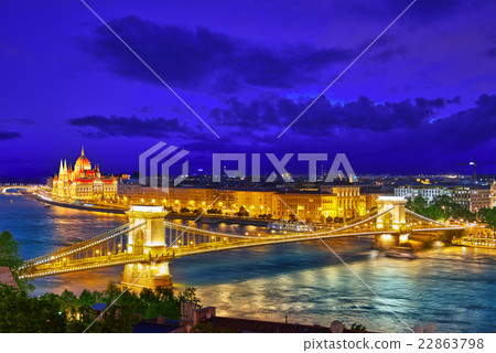 Szechenyi Chain Bridge and Parliament .  22863798