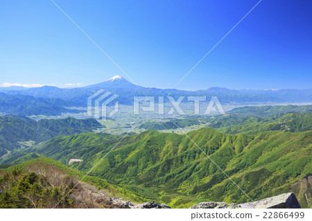從Dukyusan的山頂和山麓盆地山梨縣山梨縣看到的富士山 從Dukyusan的山頂和山麓盆地山梨縣山梨縣看到的富士山 22866499