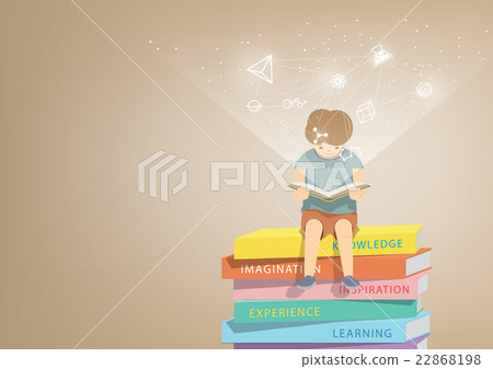 Boy reading a book on a pile of books, and icons Boy reading a book on a pile of books, and icons 22868198