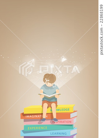 Boy reading a book on a pile of books, and icons Boy reading a book on a pile of books, and icons 22868199
