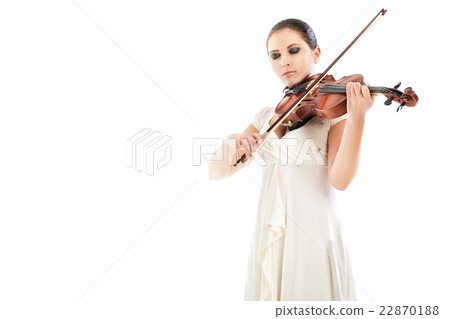 Beautiful young woman playing violin over white 22870188
