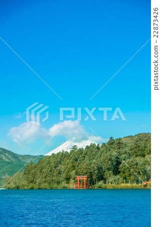Red torii gate under lake Ashinoko with Mount Fuji Red torii gate under lake Ashinoko with Mount Fuji 22873426