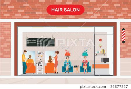 Hair salon building and interior with customer. Hair salon building and interior with customer. 22877227