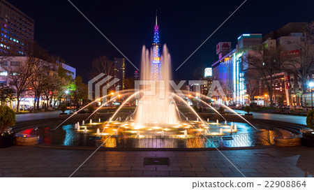 Odori park fountain and Sapporo TV towe , Hokkaido Odori park fountain and Sapporo TV towe , Hokkaido 22908864