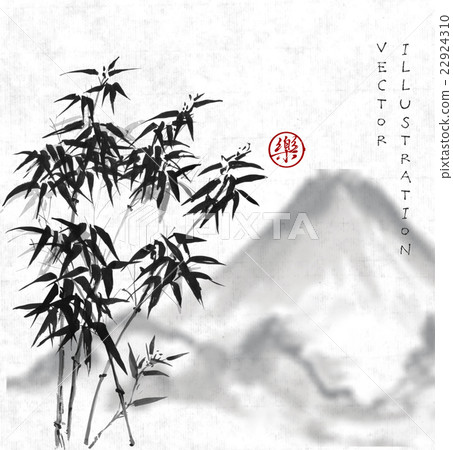 Bamboo trees and mountains hand drawn with ink. Bamboo trees and mountains hand drawn with ink. 22924310