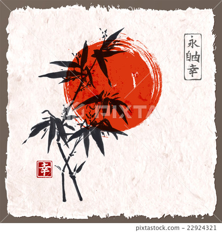 Card with bamboo and red sun Card with bamboo and red sun 22924321