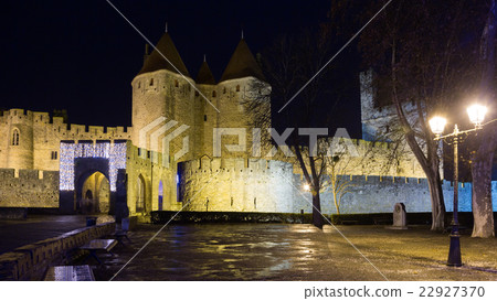 Gate of fortified city in night. Carcassonne 22927370