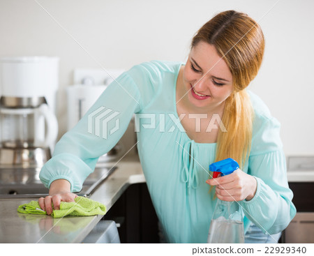 Smiling housewife cleaning up in domestic kitchen Smiling housewife cleaning up in domestic kitchen 22929340