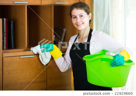 Woman in apron cleaning at home. 22929660