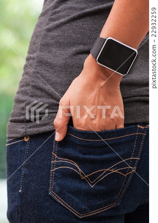 a smart watch with empty screen on woman's wrist a smart watch with empty screen on woman's wrist 22932259