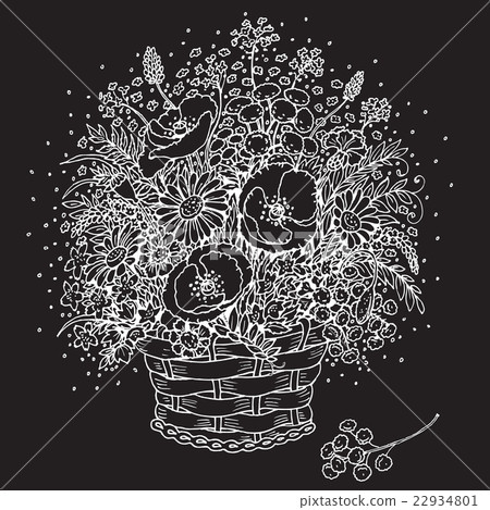 Outlines bouquet of wild flowers in a basket. Outlines bouquet of wild flowers in a basket. 22934801