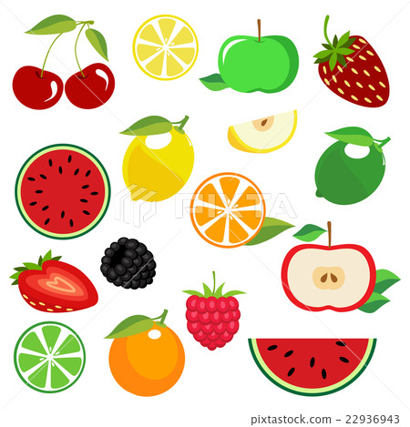 Fresh fruits with leaves. Set of fresh fruits. 22936943