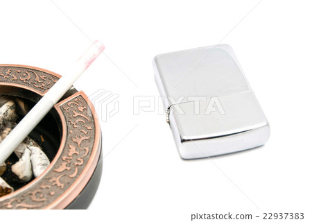 ashtray with cigarette and butts on white 22937383