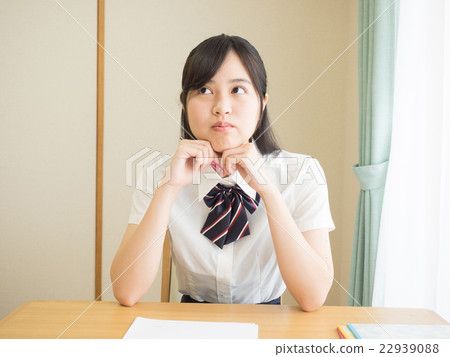 Girls high school students thinking with a cheek Girls high school students thinking with a cheek 22939088