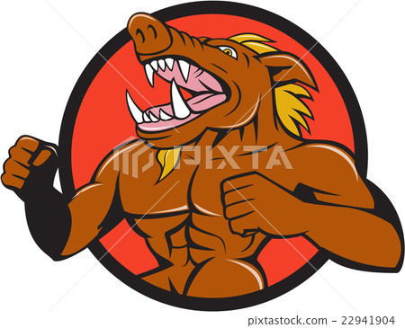 Wild Boar Man Roaring Pumping Chest Circle Cartoon 22941904