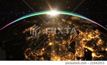 Highly detailed epic sunrise over world skyline.  22942053