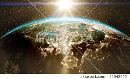 Highly detailed epic sunrise over world skyline. Highly detailed epic sunrise over world skyline. 22942055