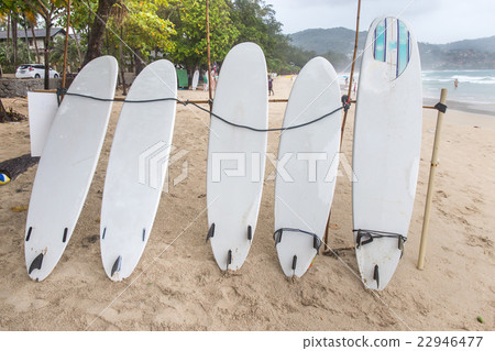 Surf Boards on sand beach at kata beach Phuket Surf Boards on sand beach at kata beach Phuket 22946477