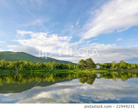 Reflection of natural tree and sky in a lake 22949231