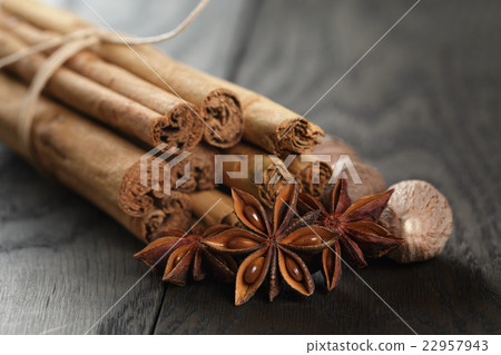 bunch of cinnamon sticks with nutmeg and anise 22957943