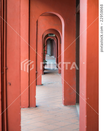 Footpath with red pole of old city at Malacca 22958668