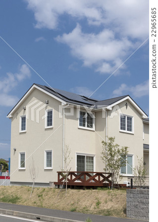 Residential Newly built housing image Solar panel installation Sunny blue sky with wood terrace Residential Newly built housing image Solar panel installation Sunny blue sky with wood terrace 22965685