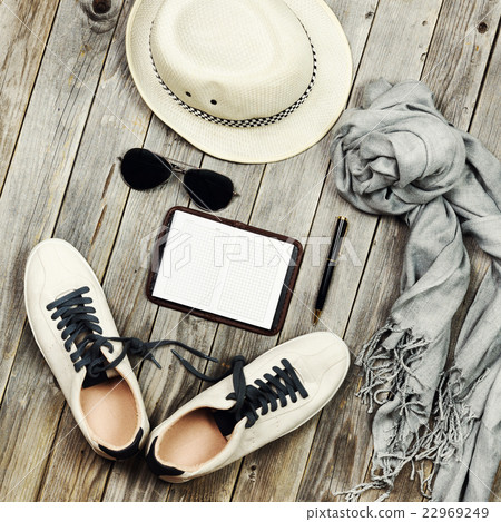 Set of travel items. Top aerial view. Set of travel items. Top aerial view. 22969249