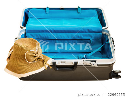 Large luggage and wicker hat. Large luggage and wicker hat. 22969255