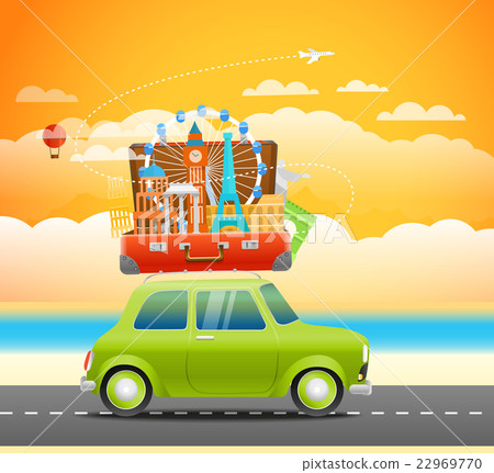Vacation travelling composition with the open bag 22969770