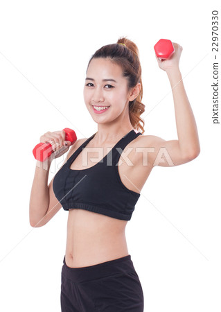 young woman doing exercise with lifting weights 22970330