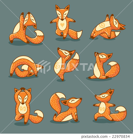 Set of cartoon funny red foxes doing yoga position 22970834