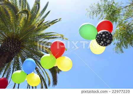 多彩多姿的氣球棕櫚樹金黃大獎章樹加利福尼亞天空 多彩多姿的氣球棕櫚樹金黃大獎章樹加利福尼亞天空 22977220