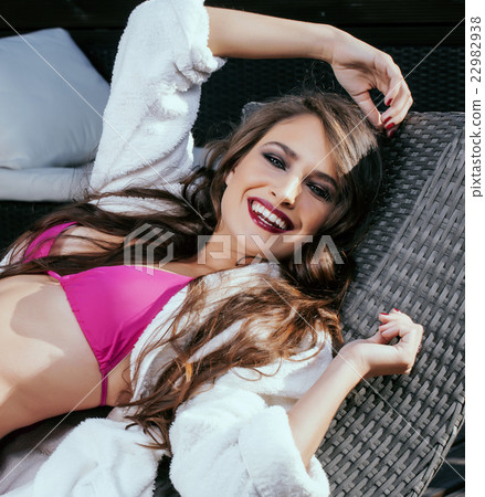 beauty young woman after spa in bikini and robe at beauty young woman after spa in bikini and robe at 22982938