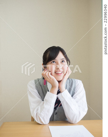 Girls high school students thinking with a cheek Girls high school students thinking with a cheek 22996340